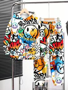 SHEIN 2 件装 Tween 男童休闲卡通字母印花连帽衫套装，舒适，适合秋冬季 - 彩色 - 查看 2