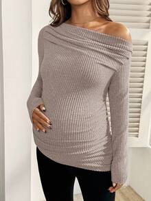 SHEIN Maternity Solid Color Ruched Oblique Shoulder Long Sleeve Ribbed Fitted T-Shirt - Apricot - View 3