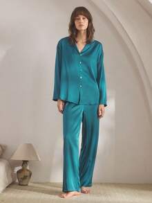 Ocili 丝滑缎面舒适宽松长袖上衣和裤子女士睡衣套装，秋冬服装 - 藏蓝色 - 查看 4