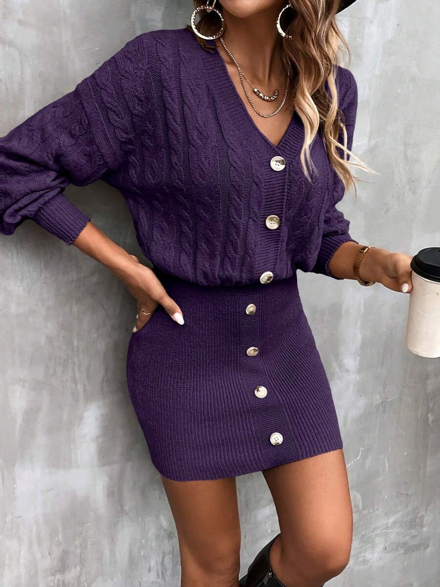 SHEIN Clasi Women's Fashion Drop Shoulder Long Sleeve Button Design Knitted Dress, Autumn/Winter - Purple - View 1
