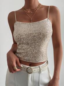 Strévra Shiny Sequin Camisole Top For Women, Elegant For New Year, Christmas, Wedding, Party, Formal Events, Autumn/Winter Glitter Top Carnival - Gold - View 2