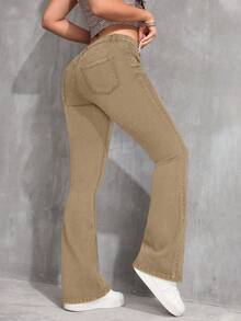 SHEIN ICON Plus Size Women Retro Elastic Fitted Flare Jeans, Versatile Cowgirl/Rodeo - Khaki - View 2