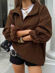 DAZY 女士翻领保暖内衬套头休闲卫衣 - 咖啡棕 - 查看 2