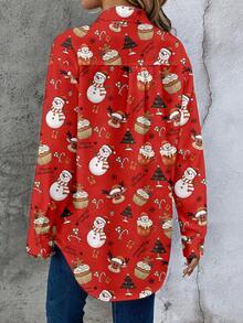 EMERY ROSE 女式圣诞卡通印花长袖衬衫 - 紅色 - 查看 2