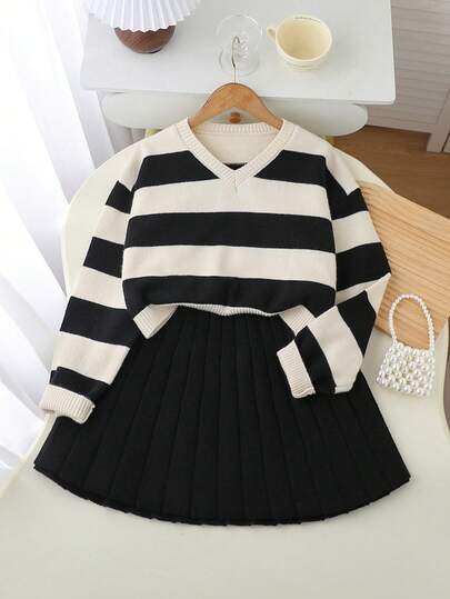 Sparklyn Lazy Contrast Stripe V-Neck Sweater Set For Women, Soft Knit Pullover Top & Pleated Skirt, Autumn/Winter Girls Sweater Dress Girls Black And White Striped Dress Childrens Autumn Winter Dress Girls Striped Knitted Dress Black And White Stripes For Little Girls Girl Clothes Autumn And Winter Clothes Girls Black And White Rib Shirt And Long Black Rib Skirt