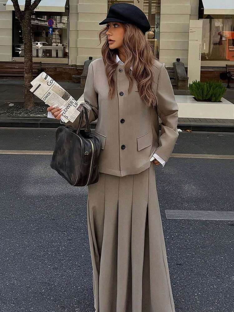 Women's Autumn Round Neck Jacket & Pleated Skirt Suit Set Business Attire