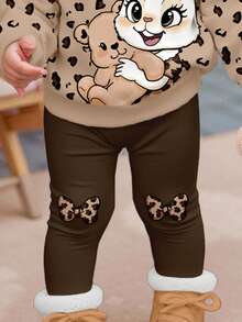 SHEIN Happikins 2pcs/Set Cute Rabbit & Leopard Print Top And Leggings Set, Baby Girl Casual Soft Thick Crew Neck Long Sleeve Sweatshirt And Skinny Pants, Suitable For Autumn/Winter Daily Wear, Christmas, New Year, Street Style, Home - Multicolor - View 6