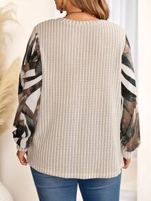 EMERY ROSE Damen Große Größen V-Ausschnitt Blumen Muster Laternärmel Lässig T-Shirt, Winter gemütlich Herbst und Winter Lässig Country Stil