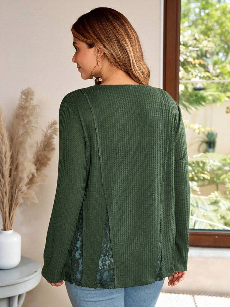 Plus Size Women Contrast Lace V-Neck Long Sleeve Casual Loose T-Shirt Winter For Women Cozy Fall And Winter For Women Casual Blouses For Ladies Country Style For Women Country Style For Women Country Concert