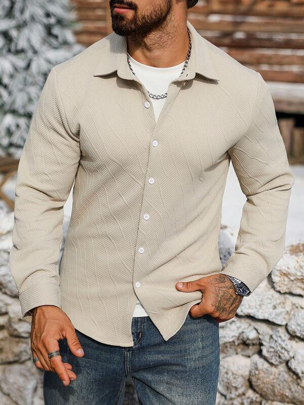 Manfinity Homme Men's Casual Button-Up Long Sleeve Jacquard Shirt