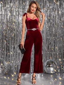 SHEIN Clasi Women's Elegant Burgundy Velvet Jumpsuit,Sleeveless Bowknot Wide Leg Jumpsuits For Summer,Dinner Date,Party,Bachelorette Outfits & Christmas Outfit - Burgundy - View 6