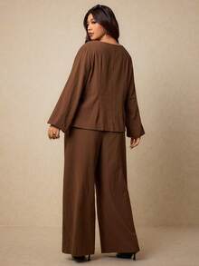 Elaquor Plus Size Women Casual/Work Solid Color Shirt And Pants 2 Pieces Set, Autumn - Mocha Brown - View 2