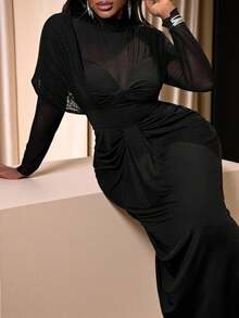 Slaydiva Plus Size Women Black Elegant Dress, Autumn Mesh Patchwork Twist Design Fitted Fashion Long Sleeve Formal Evening Ruched Christmas Dress - Black - View 9