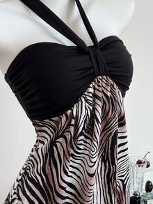 Elamini Robe sexy femme à col ras-du-cou, froncée, avec imprimé zébré blocs de couleurs