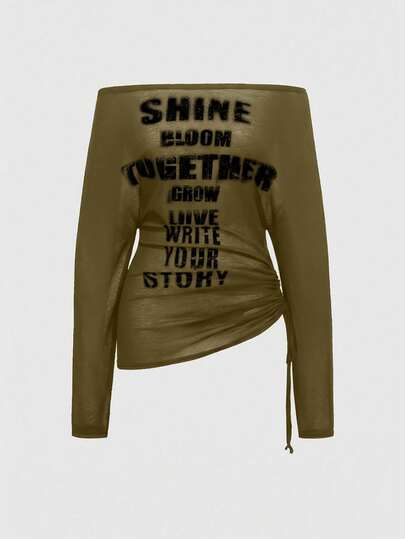 EDITION Kpop Romantic Punk Cross & Letter Print Off Shoulder Long Sleeve T-Shirt Top For Women