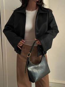 Livesso 女士宽松休闲仿皮夹克，常规版型，秋冬女式外套 - 黑色 - 查看 3