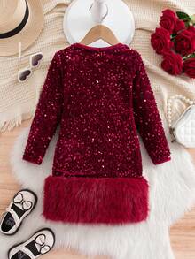 一件装可爱少女休闲简约优雅长袖连衣裙，裙摆饰有亮片和绒面缝线。适合生日派对、晚宴、演出、婚礼、洗礼和开幕式等场合。也适合日常穿着。适合母亲节/母女装。适合秋冬季节。 - 紅色 - 查看 3