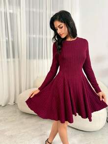 SHEIN Tall Váy ngắn tay dài cổ tròn màu trơn có gân dành cho ngày lễ tình nhân dành cho nữ/Màu đỏ tía, Trang phục năm mới cho nữ, Váy năm mới cho nữ, Váy dự tiệc năm mới, Váy cho nữ mùa đông - Màu Đỏ Sâu - Xem 1