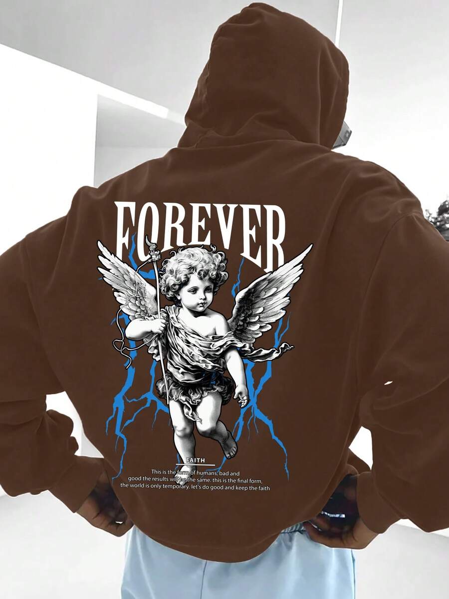 Manfinity EMRG Men's Casual Angel Letter Print Long Sleeve Hoodie Sweatshirt, Autumn/Winter Street Wear Brown Hoodie, Thermal Lined - Coffee Brown - View 1