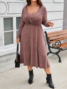 SHEIN Plus Size Twist Waist Long Sleeve Scoop Neck Dress - Coffee Brown - View 3