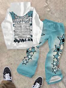 SHEIN Tween Boy Casual Classic Star Print, Fashion Text & Portrait Graphic Short Sleeve Hoodie And Flare Pants 2 Pieces Set, Suitable For Autumn/Winter - Multicolor - View 2