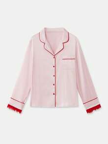 SHEIN Unity Conjunto de pijama de satén rosa con ribete rojo y adorno de plumas para otoño e invierno - Rosa - Ver 12