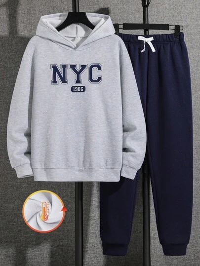 SHEIN 2pcs/Set Teen Boys Casual College Style Navy Blue English Letter Graphic Hoodie And Navy Blue Drawstring Pants Set, Suitable For School, Home, Daily Wear, Sports, Versatile & Minimalist