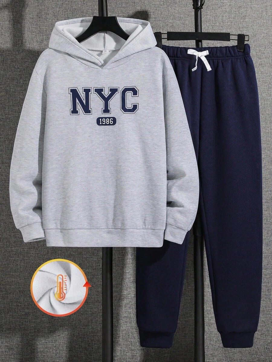 SHEIN 2pcs/Set Teen Boys Casual College Style Navy Blue English Letter Graphic Hoodie And Navy Blue Drawstring Pants Set, Suitable For School, Home, Daily Wear, Sports, Versatile & Minimalist