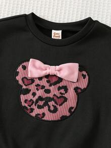 Cozy Pixies 2pcs Baby Girl Leopard Print Bow Knit Soft Crew Neck Long Sleeve Sweatshirt And Elastic Waist Pants Set, Thermal Lined Warm Sweatsuit, Leopard Print Sweatshirt Toddler Cute Outfit Cheetah Outfit Baby Baby Leopard Outfit Tt Graphic Toddler Cute Outfit Baby Casual Outfit Tt Graphic Toddler Outfit - Black - View 4