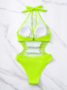 SHEIN Swim Solid Color Halter Neck Sleeveless Casual Fashion Hollow Out One-Piece Swimsuit - Lime Green - View 2
