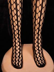 Spicy Hot Black Hollow Suspender Fishnet Stockings, Unique Large Mesh Open Crotch Design, Suitable For Romantic Private Occasions - Black - View 3