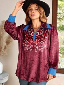 EMERY ROSE Blusa floral elegante de talla grande, blusa casual de otoño e invierno cálida y de estilo campestre - Burdeos - Ver 6
