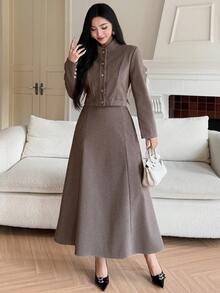 DAZY Women's Houndstooth Stand Collar Cardigan And Long Skirt 2 Pieces Casual Set - Khaki - View 6