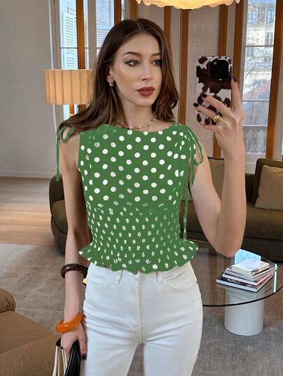 Pariaura Elegant Polka Dot Tie Shoulder Shirred Waist Sleeveless Blouse