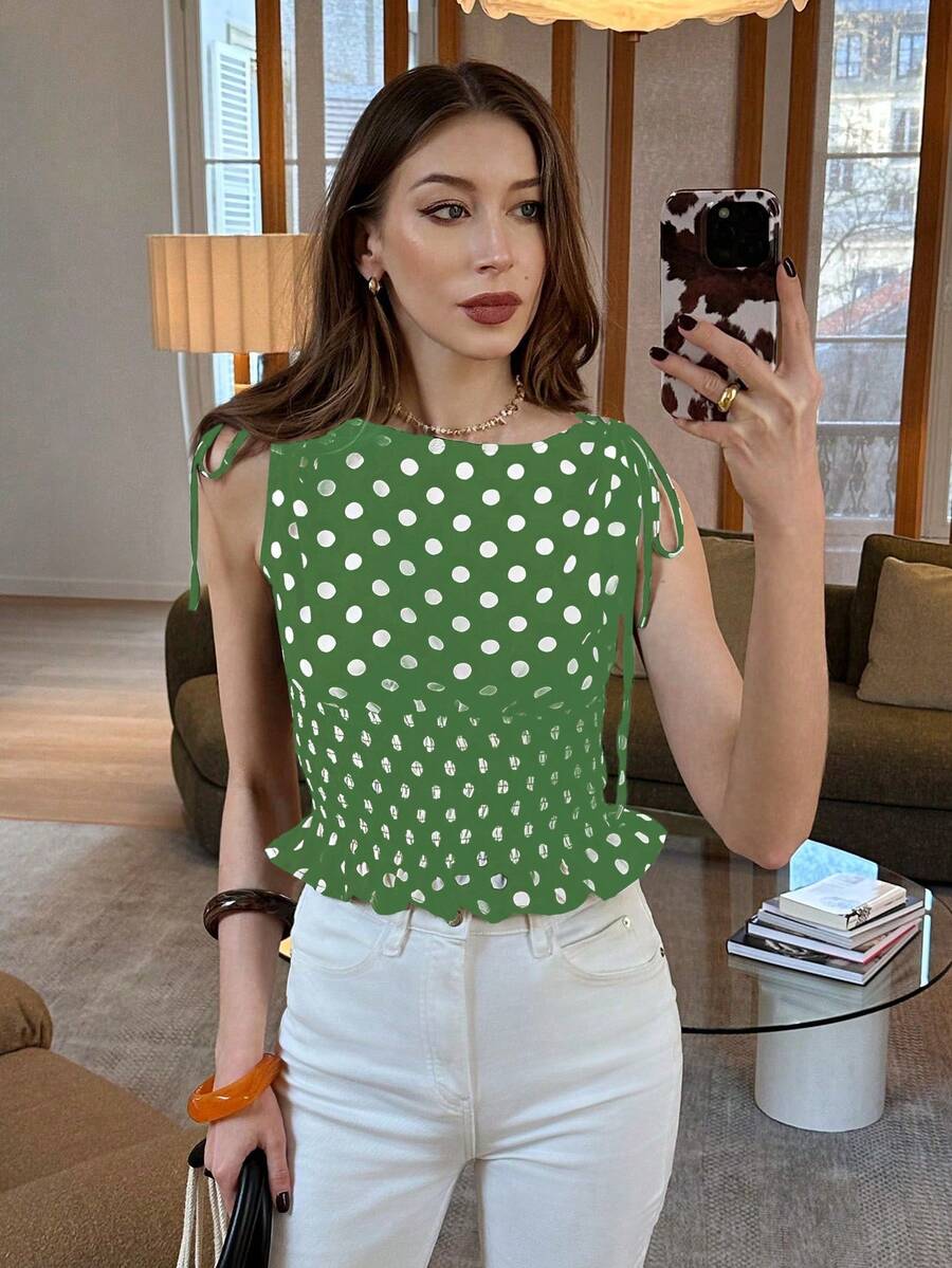 Pariaura Elegant Polka Dot Tie Shoulder Shirred Waist Sleeveless Blouse