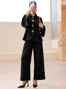 Modelyn Fashionable Women's Set, Elegant Metal Button Decor Long Sleeve Blue Denim Top And High Waist Wide Leg Straight Pants - Black - View 5