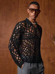AKNOTIC Business Casual Áo len móc nam tay dài họa tiết hoa, dáng rộng thoải mái, thích hợp cho mùa hè, mùa thu, du lịch, mặc hàng ngày, dự tiệc, làm quà tặng đôi. - màu đen - Xem 7