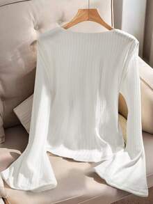 Franclia White V-Neck Frill Trim Knit Top, Versatile Elegant Slimming Casual T-Shirt For Spring/Autumn, Sweet Style - White - View 2