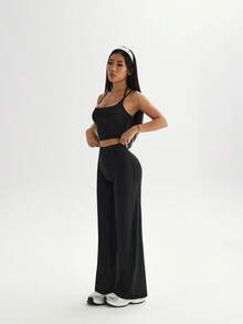 Dewbera 女士极简纯色吊带露脐背心和高腰直筒裤运动套装