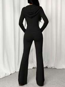 SHEIN EZwear 女式 2 件套 - 纯色长袖连帽拉链运动衫和休闲裤，秋季 - 黑色 - 查看 2