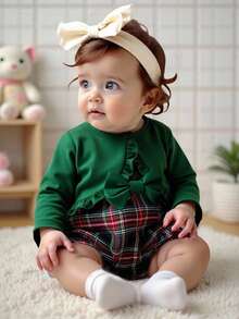 Souflis Souflis Baby Girls Elegant & Sweet Jacket And Plaid Bodysuit Set, Autumn Outfit - Green - View 7