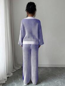 Selianne 2 件女式 Polo 领拼布撞色套头衫上衣 + 裤子套装，秋冬 - 藍色 - 查看 2