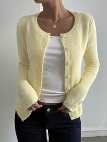 DAZY 女士圆领度假风长袖休闲针织开衫 Y2k - 黃色 - 查看 2
