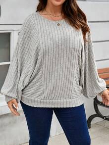 SHEIN PETITE CURVE Plus Size Crew Neck Batwing Sleeve Fleece Sweatshirt - Grey - View 8