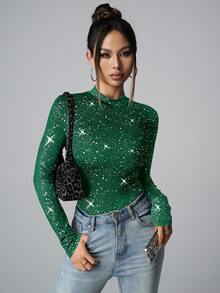 Chiquease Stylish Green Knitted Bodysuit For Women Long Sleeve Stand Collar With Sparkle Effect Casual Top - Green - View 4