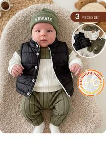 SHEIN Newborn Baby Boy Cute Knitted Colorblock Long Sleeve T-Shirt Set, Versatile For Autumn/Winter - Green - View 2