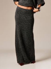 AiiRZ Heathered Knit Maxi Skirt Long Bodycon Ribbed Texture Fall Winter Loungewear - Dark Grey - View 1