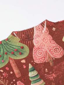 EMERY ROSE Plus Size Women's 3D Printed Christmas Tree Sweater - Red And Green Pine Tree Crew Neck Casual Pullover Knit Top - Burgundy - View 3