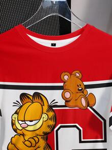 GARFIELD | SHEIN 女士休闲撞色字母猫咪图案圆领短袖T恤，夏季 - 白色 - 查看 4