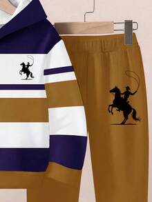 2pcs/Set Young Boy Casual Loose Sports Sweatshirt And Sweatpants,Colorblock Patchwork Horse Rider Graphic Print,Autumn,Career Day,Back-To-School - Multicolor - View 5